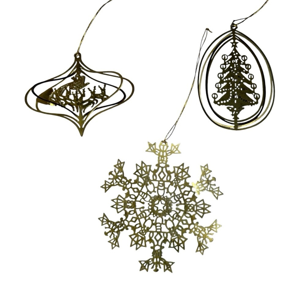 Vintage Brass Christmas Ornaments Set 3 Snowflake Tree Reindeer Gold Filigree